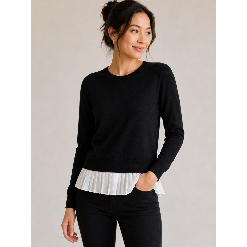 1.STATE Womens Black Crewneck Sweater White Pleated Hem Layered Look Small